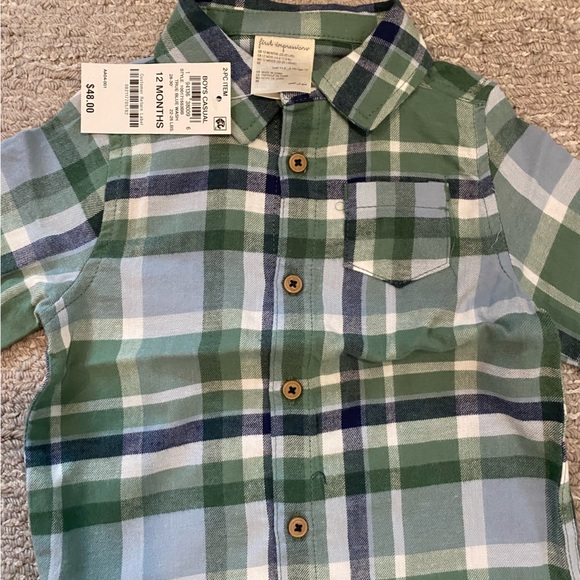 First impressions green plaid button down and denim set 12m - Picture 5 of 6